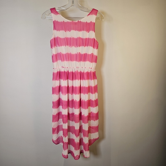 H&M pink white stripe sleeveless chiffon flare high-low mini dress sz 13-14Y US - Picture 3 of 8